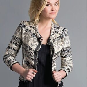 IRO Kroe Tweed Black Cream Textured Knit Jacket Chevron Frayed Edges